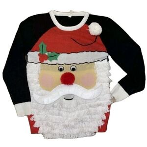 NWOT Santa Claus Face Ugly Christmas Sweater Yarn Beard Pom Poms Womens S/M L/XL